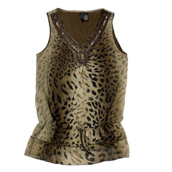 New Direction Sleeveless Blouse Womens Size Medium Leopard Print Embellished Top - Picture 1 of 12